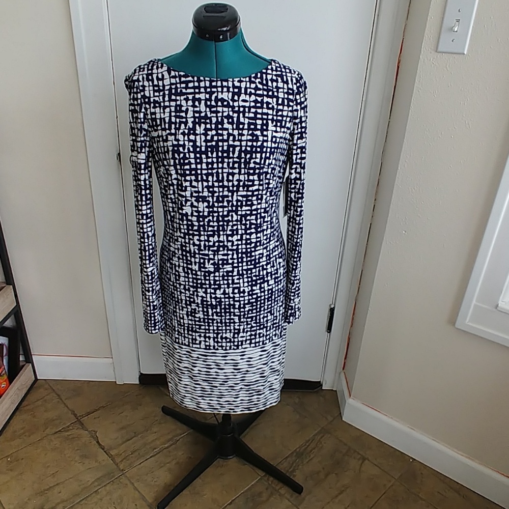 Blue and white bold patterned Vince Camuto dress